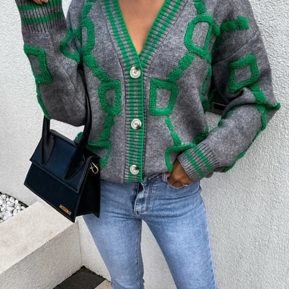 Miracle Geometric Gray and Green Cardigan - Picture 1 of 3